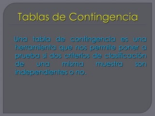 Una tabla de contingencia es una
herramienta que nos permite poner a
prueba si dos criterios de clasificación
de    una    misma       muestra     son
independientes o no.
 