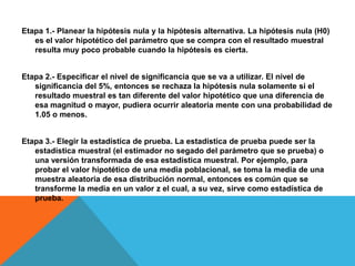 Etapa 1.- Planear la hipótesis nula y la hipótesis alternativa. La hipótesis nula (H0)
   es el valor hipotético del parámetro que se compra con el resultado muestral
   resulta muy poco probable cuando la hipótesis es cierta.


Etapa 2.- Especificar el nivel de significancia que se va a utilizar. El nivel de
   significancia del 5%, entonces se rechaza la hipótesis nula solamente si el
   resultado muestral es tan diferente del valor hipotético que una diferencia de
   esa magnitud o mayor, pudiera ocurrir aleatoria mente con una probabilidad de
   1.05 o menos.


Etapa 3.- Elegir la estadística de prueba. La estadística de prueba puede ser la
   estadística muestral (el estimador no segado del parámetro que se prueba) o
   una versión transformada de esa estadística muestral. Por ejemplo, para
   probar el valor hipotético de una media poblacional, se toma la media de una
   muestra aleatoria de esa distribución normal, entonces es común que se
   transforme la media en un valor z el cual, a su vez, sirve como estadística de
   prueba.
 