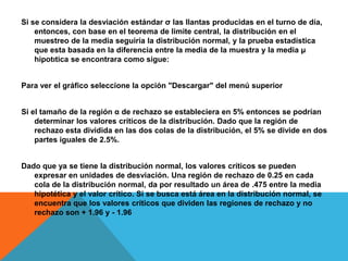 Si se considera la desviación estándar σ las llantas producidas en el turno de día,
    entonces, con base en el teorema de limite central, la distribución en el
    muestreo de la media seguiría la distribución normal, y la prueba estadística
    que esta basada en la diferencia entre la media de la muestra y la media μ
    hipotιtica se encontrara como sigue:


Para ver el gráfico seleccione la opción "Descargar" del menú superior


Si el tamaño de la región α de rechazo se estableciera en 5% entonces se podrían
    determinar los valores críticos de la distribución. Dado que la región de
    rechazo esta dividida en las dos colas de la distribución, el 5% se divide en dos
    partes iguales de 2.5%.


Dado que ya se tiene la distribución normal, los valores críticos se pueden
   expresar en unidades de desviación. Una región de rechazo de 0.25 en cada
   cola de la distribución normal, da por resultado un área de .475 entre la media
   hipotética y el valor crítico. Si se busca está área en la distribución normal, se
   encuentra que los valores críticos que dividen las regiones de rechazo y no
   rechazo son + 1.96 y - 1.96
 