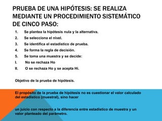 PRUEBA DE UNA HIPÓTESIS: SE REALIZA
MEDIANTE UN PROCEDIMIENTO SISTEMÁTICO
DE CINCO PASO:
1.    Se plantea la hipótesis nula y la alternativa.
2.    Se selecciona el nivel.
3.    Se identifica el estadístico de prueba.
4.    Se forma la regla de decisión.
5.    Se toma una muestra y se decide:
I.    No se rechaza Ho
II.   O se rechaza Ho y se acepta Hi.


Objetivo de la prueba de hipótesis.


El propósito de la prueba de hipótesis no es cuestionar el valor calculado
del estadístico (muestral), sino hacer


un juicio con respecto a la diferencia entre estadístico de muestra y un
valor planteado del parámetro.
 