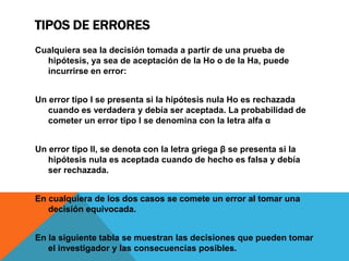 TIPOS DE ERRORES
Cualquiera sea la decisión tomada a partir de una prueba de
  hipótesis, ya sea de aceptación de la Ho o de la Ha, puede
  incurrirse en error:


Un error tipo I se presenta si la hipótesis nula Ho es rechazada
   cuando es verdadera y debía ser aceptada. La probabilidad de
   cometer un error tipo I se denomina con la letra alfa α


Un error tipo II, se denota con la letra griega β se presenta si la
   hipótesis nula es aceptada cuando de hecho es falsa y debía
   ser rechazada.


En cualquiera de los dos casos se comete un error al tomar una
   decisión equivocada.


En la siguiente tabla se muestran las decisiones que pueden tomar
   el investigador y las consecuencias posibles.
 