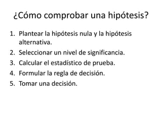 ¿Cómo comprobar una hipótesis?
1. Plantear la hipótesis nula y la hipótesis
alternativa.
2. Seleccionar un nivel de significancia.
3. Calcular el estadístico de prueba.
4. Formular la regla de decisión.
5. Tomar una decisión.
 