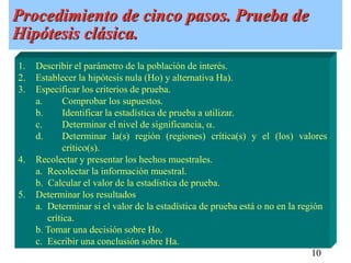 10
Procedimiento de cinco pasos. Prueba de
Hipótesis clásica.
1. Describir el parámetro de la población de interés.
2. Establecer la hipótesis nula (Ho) y alternativa Ha).
3. Especificar los criterios de prueba.
a. Comprobar los supuestos.
b. Identificar la estadística de prueba a utilizar.
c. Determinar el nivel de significancia, .
d. Determinar la(s) región (regiones) crítica(s) y el (los) valores
crítico(s).
4. Recolectar y presentar los hechos muestrales.
a. Recolectar la información muestral.
b. Calcular el valor de la estadística de prueba.
5. Determinar los resultados
a. Determinar si el valor de la estadística de prueba está o no en la región
crítica.
b. Tomar una decisión sobre Ho.
c. Escribir una conclusión sobre Ha.
 