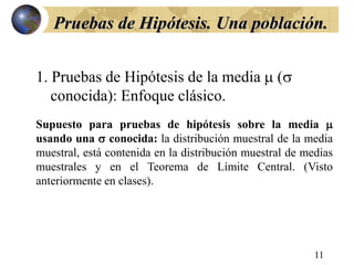 11
Pruebas de Hipótesis. Una población.
1. Pruebas de Hipótesis de la media  (
conocida): Enfoque clásico.
Supuesto para pruebas de hipótesis sobre la media 
usando una  conocida: la distribución muestral de la media
muestral, está contenida en la distribución muestral de medias
muestrales y en el Teorema de Límite Central. (Visto
anteriormente en clases).
 