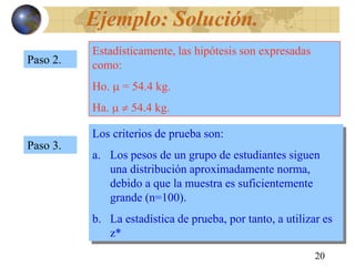 20
Ejemplo: Solución.
Paso 2.
Estadísticamente, las hipótesis son expresadas
como:
Ho.  = 54.4 kg.
Ha.   54.4 kg.
Paso 3.
Los criterios de prueba son:
a. Los pesos de un grupo de estudiantes siguen
una distribución aproximadamente norma,
debido a que la muestra es suficientemente
grande (n=100).
b. La estadística de prueba, por tanto, a utilizar es
z*
 