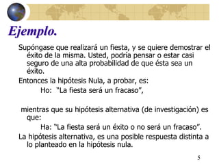 5
Ejemplo.
Supóngase que realizará un fiesta, y se quiere demostrar el
éxito de la misma. Usted, podría pensar o estar casi
seguro de una alta probabilidad de que ésta sea un
éxito.
Entonces la hipótesis Nula, a probar, es:
Ho: “La fiesta será un fracaso”,
mientras que su hipótesis alternativa (de investigación) es
que:
Ha: “La fiesta será un éxito o no será un fracaso”.
La hipótesis alternativa, es una posible respuesta distinta a
lo planteado en la hipótesis nula.
 