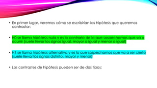 • En primer lugar, veremos cómo se escribirían las hipótesis que queremos
contrastar:
• H0 se llama hipótesis nula y es lo contrario de lo que sospechamos que va a
ocurrir (suele llevar los signos igual, mayor o igual y menor o igual)
• H1 se llama hipótesis alternativa y es lo que sospechamos que va a ser cierto
(suele llevar los signos distinto, mayor y menor)
• Los contrastes de hipótesis pueden ser de dos tipos: