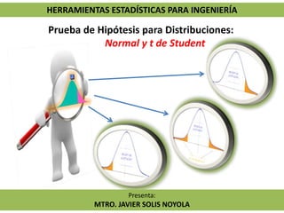HERRAMIENTAS ESTADÍSTICAS PARA INGENIERÍA
Prueba de Hipótesis para Distribuciones:
Normal y t de Student
Presenta:
MTRO. JAVIER SOLIS NOYOLA
 