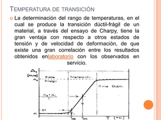 TEMPERATURA DE TRANSICIÓN
   La determinación del rango de temperaturas, en el
    cual se produce la transición dúctil-frágil de un
    material, a través del ensayo de Charpy, tiene la
    gran ventaja con respecto a otros estados de
    tensión y de velocidad de deformación, de que
    existe una gran correlación entre los resultados
    obtenidos enlaboratorio con los observados en
                         servicio.
 
