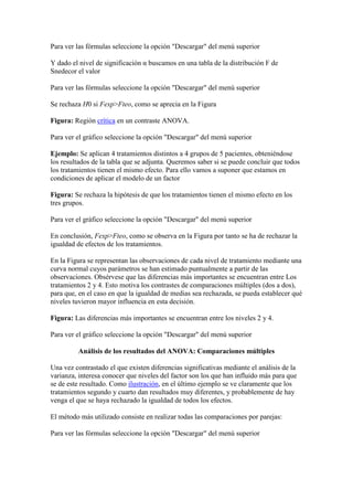 Para ver las fórmulas seleccione la opción "Descargar" del menú superior

Y dado el nivel de significación α buscamos en una tabla de la distribución F de
Snedecor el valor

Para ver las fórmulas seleccione la opción "Descargar" del menú superior

Se rechaza H0 si Fexp>Fteo, como se aprecia en la Figura

Figura: Región crítica en un contraste ANOVA.

Para ver el gráfico seleccione la opción "Descargar" del menú superior

Ejemplo: Se aplican 4 tratamientos distintos a 4 grupos de 5 pacientes, obteniéndose
los resultados de la tabla que se adjunta. Queremos saber si se puede concluir que todos
los tratamientos tienen el mismo efecto. Para ello vamos a suponer que estamos en
condiciones de aplicar el modelo de un factor

Figura: Se rechaza la hipótesis de que los tratamientos tienen el mismo efecto en los
tres grupos.

Para ver el gráfico seleccione la opción "Descargar" del menú superior

En conclusión, Fexp>Fteo, como se observa en la Figura por tanto se ha de rechazar la
igualdad de efectos de los tratamientos.

En la Figura se representan las observaciones de cada nivel de tratamiento mediante una
curva normal cuyos parámetros se han estimado puntualmente a partir de las
observaciones. Obsérvese que las diferencias más importantes se encuentran entre Los
tratamientos 2 y 4. Esto motiva los contrastes de comparaciones múltiples (dos a dos),
para que, en el caso en que la igualdad de medias sea rechazada, se pueda establecer qué
niveles tuvieron mayor influencia en esta decisión.

Figura: Las diferencias más importantes se encuentran entre los niveles 2 y 4.

Para ver el gráfico seleccione la opción "Descargar" del menú superior

         Análisis de los resultados del ANOVA: Comparaciones múltiples

Una vez contrastado el que existen diferencias significativas mediante el análisis de la
varianza, interesa conocer que niveles del factor son los que han influido más para que
se de este resultado. Como ilustración, en el último ejemplo se ve claramente que los
tratamientos segundo y cuarto dan resultados muy diferentes, y probablemente de hay
venga el que se haya rechazado la igualdad de todos los efectos.

El método más utilizado consiste en realizar todas las comparaciones por parejas:

Para ver las fórmulas seleccione la opción "Descargar" del menú superior
 