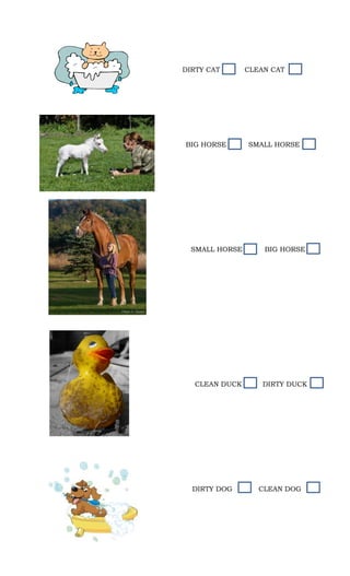 DIRTY CAT CLEAN CAT
BIG HORSE SMALL HORSE
SMALL HORSE BIG HORSE
CLEAN DUCK DIRTY DUCK
DIRTY DOG CLEAN DOG
 