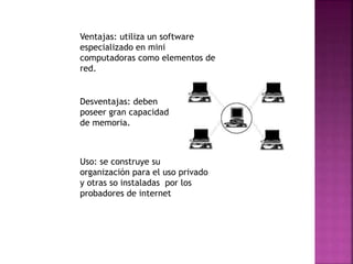 Ventajas: utiliza un software 
especializado en mini 
computadoras como elementos de 
red. 
Desventajas: deben 
poseer gran capacidad 
de memoria. 
Uso: se construye su 
organización para el uso privado 
y otras so instaladas por los 
probadores de internet 
 