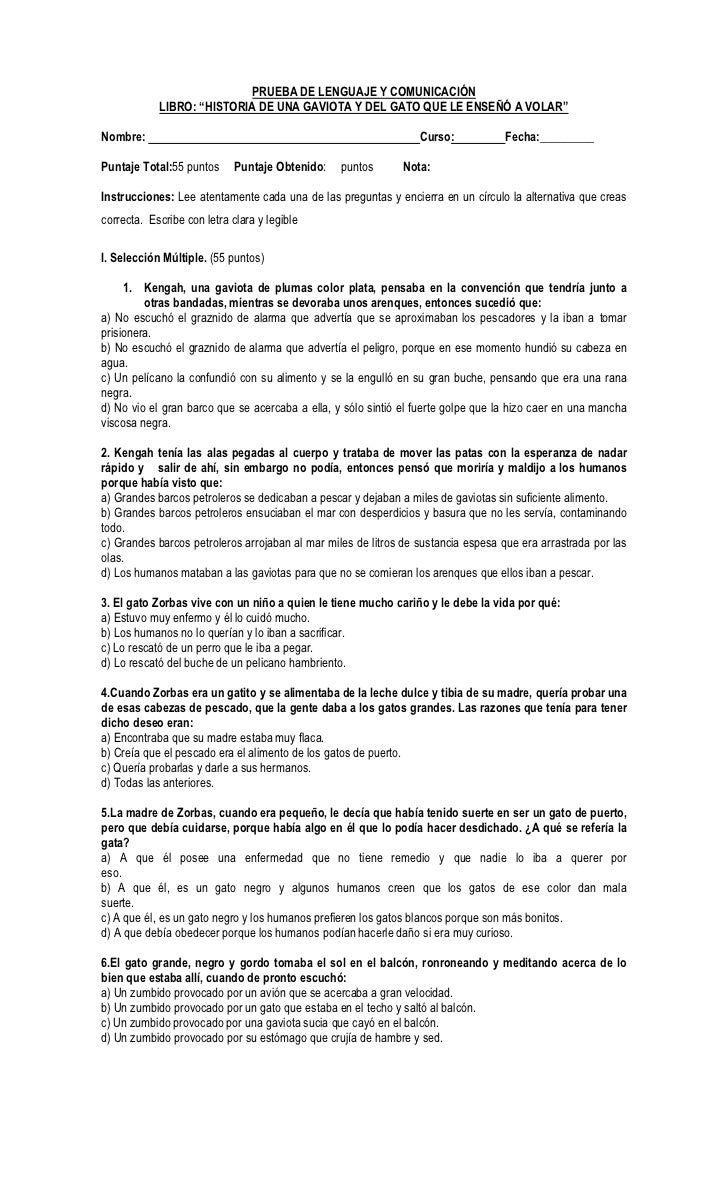 Prueba de lectura el gato que le enseño a volar a una gaviota
