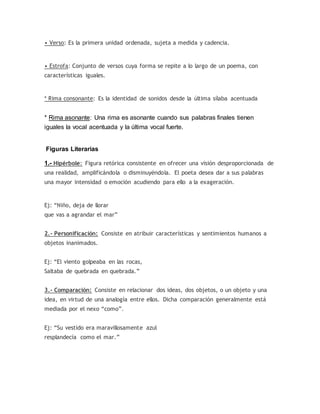 • Verso: Es la primera unidad ordenada, sujeta a medida y cadencia.
• Estrofa: Conjunto de versos cuya forma se repite a lo largo de un poema, con
características iguales.
* Rima consonante: Es la identidad de sonidos desde la última sílaba acentuada
* Rima asonante: Una rima es asonante cuando sus palabras finales tienen
iguales la vocal acentuada y la última vocal fuerte.
Figuras Literarias
1.- Hipérbole: Figura retórica consistente en ofrecer una visión desproporcionada de
una realidad, amplificándola o disminuyéndola. El poeta desea dar a sus palabras
una mayor intensidad o emoción acudiendo para ello a la exageración.
Ej: “Niño, deja de llorar
que vas a agrandar el mar”
2.- Personificación: Consiste en atribuir características y sentimientos humanos a
objetos inanimados.
Ej: “El viento golpeaba en las rocas,
Saltaba de quebrada en quebrada.”
3.- Comparación: Consiste en relacionar dos ideas, dos objetos, o un objeto y una
idea, en virtud de una analogía entre ellos. Dicha comparación generalmente está
mediada por el nexo “como”.
Ej: “Su vestido era maravillosamente azul
resplandecía como el mar.”
 