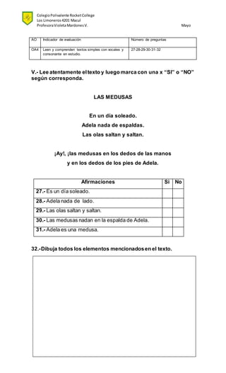 ColegioPolivalente RocketCollege
Los Limoneros4201 Macul
ProfesoraVioletaMardonesV. Mayo
AO Indicador de evaluación Número de preguntas
OA4 Leen y comprenden textos simples con vocales y
consonante en estudio.
27-28-29-30-31-32
V.- Lee atentamente eltexto y luego marca con una x “SI” o “NO”
según corresponda.
LAS MEDUSAS
En un día soleado.
Adela nada de espaldas.
Las olas saltan y saltan.
¡Ay!, ¡las medusas en los dedos de las manos
y en los dedos de los pies de Adela.
Afirmaciones Si No
27.- Es un día soleado.
28.- Adela nada de lado.
29.- Las olas saltan y saltan.
30.- Las medusas nadan en la espalda de Adela.
31.- Adela es una medusa.
32.-Dibuja todos los elementos mencionadosen el texto.
 