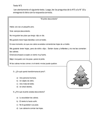 Texto N°2
Lee atentamente el siguiente texto. Luego, lee las preguntas de la N°5 a la N° 10 y
ennegrece la letra con la respuesta correcta.
5.- ¿En qué quería transformarse el pino?:
a) Una persona humana.
b) Un objeto de vidrio.
c) Una mata de boldo.
d) Un árbol distinto.
6.-¿Por qué el pinito estaba descontento?
a) Lo asustaban las cabras.
b) El viento lo hacía sufrir.
c) No le gustaban sus púas.
d) Las cabras le comían las hojas.
"El pinito descontento"
Había una vez un pequeño pino.
Vivía siempre descontento.
No me gustan las púas que tengo -dijo un día.
Me gustaría tener hojas blanditas como el boldo.
En ese momento, vio que una cabra se estaba comiendo las hojas de un boldo.
Me gustaría tener hojas, pero de vidrio -dijo-. Serían duras y brillantes y no me las comerían
las cabras.
Entonces empezó a soplar un viento muy fuerte.
Mejor me quedo con mis púas -pensó el pinito.
Ni las cabras me las comen, ni el viento me las puede quebrar.
 