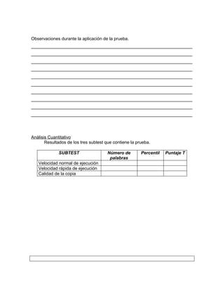 Observaciones durante la aplicación de la prueba.
__________________________________________________________________
__________________________________________________________________
__________________________________________________________________
__________________________________________________________________
__________________________________________________________________
__________________________________________________________________
__________________________________________________________________
__________________________________________________________________
__________________________________________________________________
__________________________________________________________________




Análisis Cuantitativo
       Resultados de los tres subtest que contiene la prueba.

              SUBTEST                  Número de        Percentil   Puntaje T
                                        palabras
   Velocidad normal de ejecución
   Velocidad rápida de ejecución
   Calidad de la copia
 