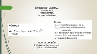 DISTRIBUCIÓN MUESTRAL
Cuantiles de W.
TIPO DE DATOS
Puntajes individuales
REGLA DE DECISIÓN
Si Wo≤Wt, α∴Rechazamos Ho
(Tabla cuantiles de W)
 