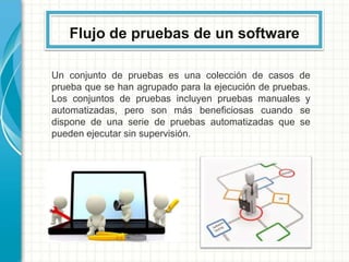 Flujo de pruebas de un software
Un conjunto de pruebas es una colección de casos de
prueba que se han agrupado para la ejecución de pruebas.
Los conjuntos de pruebas incluyen pruebas manuales y
automatizadas, pero son más beneficiosas cuando se
dispone de una serie de pruebas automatizadas que se
pueden ejecutar sin supervisión.
 