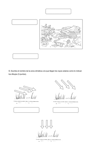 D. Escribe el nombre de la zona climática a la que llegan los rayos solares como lo indican
los dibujos (3 puntos).

 