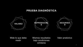 PRUEBA DIAGNÓSTICA
VALIDEZ
REPRODUCIBL
E
SEGURIDA
D
Mide lo que debe
medir
Mismos resultados
bajo condiciones
similares
Valor predictivo
12
 