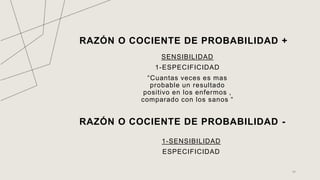 RAZÓN O COCIENTE DE PROBABILIDAD +
SENSIBILIDAD
1-ESPECIFICIDAD
“Cuantas veces es mas
probable un resultado
positivo en los enfermos ,
comparado con los sanos “
1-SENSIBILIDAD
ESPECIFICIDAD
34
RAZÓN O COCIENTE DE PROBABILIDAD -
 