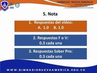 5. Nota
1. Respuestas del vídeo:
A. 1.0 B. 1.0
2. Respuestas F o V:
0.3 cada una
3. Respuestas Saber Pro:
0.3 cada una
 