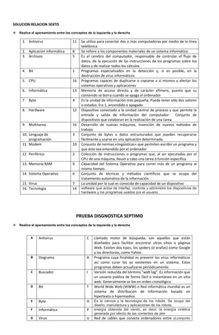 SOLUCION RELACION SEXTO

   Realice el apareamiento entre los conceptos de la izquierda y la derecha

     1. Antivirus                     11    Se utiliza para conectar dos o más computadoras por medio de la línea
                                            telefónica
     2. Aplicación informática        8     Se refiere a los componentes materiales de un sistema informático
     3. Archivos                      5     Es el cerebro del computador, responsable de controlar el flujo de
                                            datos, de la ejecución de las instrucciones de los programas sobre los
                                            datos y de realizar todos los cálculos
     4. Bit                           1     Programas especializados en la detección y, si es posible, en la
                                            destrucción de virus informáticos
     5. CPU                           16    Programas capaces de duplicarse o copiarse a sí mismos y afectar los
                                            sistemas operativos y aplicaciones
     6. Informática                   13    Memoria de acceso directo y de carácter efímero, puesto que su
                                            contenido se borra cuando se apaga el ordenador
     7. Byte                          4     Es la unidad de información más pequeña. Puede tener sólo dos valores
                                            o estados: 0 o 1, encendido o apagado
     8. Hardware                      12    Dispositivo conectado a la unidad central de proceso y que permite la
                                            entrada y salida de información del computador. Conjunto de
                                            dispositivos que colaboran en la realización de una tarea
     9. Multitarea                    16    Desarrollo de nuevas máquinas, invención de nuevos métodos de
                                            trabajo
     10. Lenguaje de                  3     Conjunto de bytes o datos estructurados que pueden recuperarse
         programación                       fácilmente y usarse en una aplicación determinada.
     11. Modem                        10    Conjunto de normas «lingüísticas» que permiten escribir un programa y
                                            que éste sea entendido por el ordenador
     12. Periférico                   2     Colección de instrucciones o programas que, al ser ejecutadas por el
                                            CPU de una máquina, llevan a cabo una tarea ó función específica
     13. Memoria RAM                  9     Capacidad del Sistema Operativo para correr más de un programa al
                                            mismo tiempo.
     14. Sistema Operativo            6     Conjunto de técnicas y métodos científicos que se ocupa del
                                            tratamiento automático de la información
     15. Virus                        7     La unidad por la cual es conocida de capacidad de un dispositivo
     16. Tecnología                   14    software que actúa de interfaz, controla y administra los dispositivos de
                                            hardware y los programas usados por el usuario.




                                          PRUEBA DISGNOSTICA SEPTIMO
   Realice el apareamiento entre los conceptos de la izquierda y la derecha


           A    Antivirus                      C    Llamado motor de búsqueda, son aquellos que están
                                                    diseñados para facilitar encontrar otros sitios o páginas
                                                    Web. Existen dos tipos, los spiders (o arañas) como Google
                                                    y los directorios, como Yahoo.
           B    Diagrama                       A    Programa cuya finalidad es prevenir los virus informáticos
                                                    así como curar los ya existentes en un sistema. Estos
                                                    programas deben actualizarse periódicamente.
           C    Buscador                       I    Versión reducida del término "web log". Es información que
                                                    un usuario publica de forma fácil e instantánea en un sitio
                                                    web. Generalmente se lee en orden cronológico
           D    Bit                            T    World Wide Web (WWW) o Red informática mundial es un
                                                    sistema de distribución de información basado en
                                                    hipertexto o hipermedios
           E    Byte                           H    Es la ciencia y la tecnología de los robots. Se ocupa del
                                                    diseño, manufactura y aplicaciones de los robots.
           F    Informática                    P    energía obtenida del viento, es decir, la energía cinética
                                                    generada por efecto de las corrientes de aire
           G    Virus                          U    Red de cables que conecta ordenadores entre sí.conjunto
 