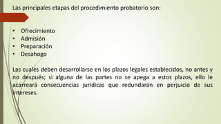 Las principales etapas del procedimiento probatorio son:
• Ofrecimiento
• Admisión
• Preparación
• Desahogo
Las cuales deben desarrollarse en los plazos legales establecidos, no antes y
no después; si alguna de las partes no se apega a estos plazos, ello le
acarreará consecuencias jurídicas que redundarán en perjuicio de sus
intereses.
 