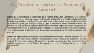 • Sistema de la Apreciación y Valoración de la Prueba de la Libre Convicción: Éste sistema
tiene su origen en el juicio de jurados y el derecho anglosajón y se funda en la inexistencia
de reglas que prefijen la valoración que debe darse a la prueba, pues su utilización está
implementada para que sean jueces legos y por consiguiente ajenos al conocimiento del
derecho, los que valoren y aprecien la prueba de manera amplia sin tener obligación de
explicar los motivos de la decisión, pero fundando los motivos de la decisión en la lógica,
en la crítica parcial u objetiva y en la apreciación razonada de lo ocurrido dentro del
proceso.
• Sistema de Apreciación y Valoración de la prueba es el de la Sana Crítica Razonada: Éste es
un sistema que nace en el Derecho Penal argentino y que se funda en conferir al juez la
facultad de apreciar y valorar libremente la prueba aportada por las partes al juicio,
fundado únicamente en la lógica, la experiencia y en la búsqueda de la verdad
preconstiuida.
La Prueba en Materia Procesal
Laboral
 