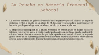 La Prueba en Materia Procesal
Laboral
• La protesta asentada en primera instancia hará imperativo para el tribunal de segunda
instancia, recibir la prueba en un plazo de 10 días, una vez evacuada la audiencia por 48
horas de que dispone el apelante para hacer uso del recurso de apelación.
• El propósito de la recepción de la prueba rechazada en primer grado, en ningún caso debe
inferirse con el hecho que se le confiera valor probatorio a un medio de prueba inadmisible
e impertinente, sino en todo caso lo que debe apreciarse es que el tribunal de segundo
grado, celoso de no vulnerar garantías constitucionales relativas al proceso, recibe aquella
prueba, aunque al momento de dictar la sentencia no le confiera valor probatorio.
 