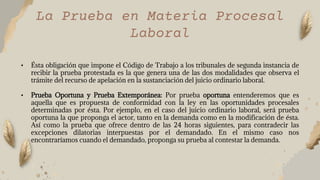 La Prueba en Materia Procesal
Laboral
• Ésta obligación que impone el Código de Trabajo a los tribunales de segunda instancia de
recibir la prueba protestada es la que genera una de las dos modalidades que observa el
trámite del recurso de apelación en la sustanciación del juicio ordinario laboral.
• Prueba Oportuna y Prueba Extemporánea: Por prueba oportuna entenderemos que es
aquella que es propuesta de conformidad con la ley en las oportunidades procesales
determinadas por ésta. Por ejemplo, en el caso del juicio ordinario laboral, será prueba
oportuna la que proponga el actor, tanto en la demanda como en la modificación de ésta.
Así como la prueba que ofrece dentro de las 24 horas siguientes, para contradecir las
excepciones dilatorias interpuestas por el demandado. En el mismo caso nos
encontraríamos cuando el demandado, proponga su prueba al contestar la demanda.
 