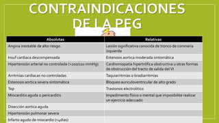 CONTRAINDICACIONES
DE LA PEG
Absolutas Relativas
Angina inestable de alto riesgo. Lesión significativa conocida de tronco de coronaria
izquierda
Insuf cardiaca descompensada Estenosis aortica moderada sintomática
Hipertensión arterial no controlada (>200/110 mmHg) Cardiomiopatía hipertrófica obstructiva u otras formas
de obstrucción del tracto de salida delVI
Arritmias cardiacas no controladas Taquiarritmias o bradiarritmias
Estenosis aortica severa sintomática Bloqueo auriculoventricular de alto grado
Tep Trastonos electrolitico
Miocarditis aguda o pericarditis Impedimento físico o mental que imposibilite realizar
un ejercicio adecuado
Disección aortica aguda
Hipertensión pulmonar severa
Infarto agudo de miocardio (<4dias)
 