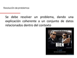 Resolución de problemas


 Se debe resolver un problema, dando una
 explicación coherente a un conjunto de datos
 relacionados dentro del contexto
 