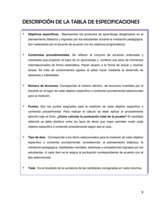 DESCRIPCIÓN DE LA TABLA DE ESPECIFICACIONES

   Objetivos específicos. Representan los productos de aprendizaje desglosados en el
    planeamiento didáctico y logrados por los estudiantes durante la mediación pedagógica.
    Son redactados por el docente de acuerdo con los objetivos programáticos.


   Contenidos procedimentales. Se refieren al conjunto de acciones ordenadas y
    orientadas que propician el logro de un aprendizaje y conlleva una serie de momentos
    interrelacionados de forma sistemática. Hacen alusión a la forma de actuar y resolver
    tareas. Se trata de conocimientos ligados al saber hacer mediante el desarrollo de
    destrezas y habilidades.


   Número de lecciones. Corresponde al número efectivo de lecciones invertidas por el
    docente en el logro de cada objetivo específico o contenido procedimental seleccionado
    para la medición.


   Puntos. Son los puntos asignados para la medición de cada objetivo específico o
    contenido procedimental. Para realizar el cálculo se debe aplicar el procedimiento
    descrito bajo el título: ¿Cómo calcular la puntuación total de la prueba? El resultado
    obtenido se debe distribuir entre los tipos de ítems que mejor permitan medir cada
    objetivo específico o contenido procedimental según sea el caso.


   Tipo de ítem. Corresponde a los ítems seleccionados para la medición de cada objetivo
    específico o contenido procedimental, considerando: el planeamiento didáctico, la
    mediación pedagógica, habilidades mentales, destrezas y competencias logradas por los
    estudiantes. A cada ítem se le asigna la puntuación correspondiente de acuerdo con el
    tipo seleccionado.


   Total. Es el resultado de la sumatoria de las cantidades consignadas en cada columna.




                                                                                        9
 