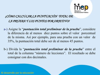 Al desarrollo por la educación
¿CÓMO CALCULAR LA PUNTUACIÓN TOTAL DE
LA PRUEBA Y LOS PUNTOS POR OBJETIVO?
a-) Asigne la “puntuación total preliminar de la prueba”, considere
la diferencia de al menos diez puntos sobre el valor porcentual
de la misma. Así por ejemplo, para una prueba con un valor de
35%, la puntuación total debe ser de al menos 45 puntos.
b-) Divida la “puntuación total preliminar de la prueba” entre el
total de la columna “número de lecciones”. El resultado se debe
consignar con dos decimales.
 