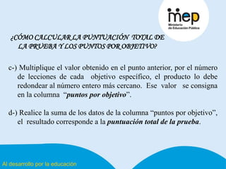 Al desarrollo por la educación
¿CÓMO CALCULAR LA PUNTUACIÓN TOTAL DE
LA PRUEBA Y LOS PUNTOS POR OBJETIVO?
c-) Multiplique el valor obtenido en el punto anterior, por el número
de lecciones de cada objetivo específico, el producto lo debe
redondear al número entero más cercano. Ese valor se consigna
en la columna “puntos por objetivo”.
d-) Realice la suma de los datos de la columna “puntos por objetivo”,
el resultado corresponde a la puntuación total de la prueba.
 