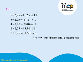 Al desarrollo por la educación
Así:
4 6 Puntuación total de la prueba
550,425,22
1450,1325,26
900,925,24
775,625,23
1125,1125,25





 
