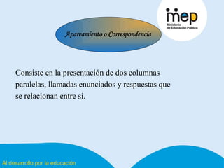 Al desarrollo por la educación
Consiste en la presentación de dos columnas
paralelas, llamadas enunciados y respuestas que
se relacionan entre sí.
Apareamiento o Correspondencia
 