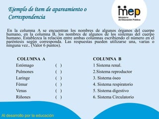 Al desarrollo por la educación
Ejemplo de ítem de apareamiento o
Correspondencia
En la columna A se encuentran los nombres de algunos órganos del cuerpo
humano, en la columna B, los nombres de algunos de los sistemas del cuerpo
humano. Establezca la relación entre ambas columnas escribiendo el número en el
paréntesis según corresponda. Las respuestas pueden utilizarse una, varias o
ninguna vez.. (Valor 6 puntos).
COLUMNA A COLUMNA B
Estómago ( ) 1 Sistema renal.
Pulmones ( ) 2.Sistema reproductor
Laringe ( ) 3. Sistema óseo
Fémur ( ) 4. Sistema respiratorio
Venas ( ) 5. Sistema digestivo
Riñones ( ) 6. Sistema Circulatorio
 