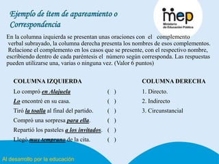 Al desarrollo por la educación
Ejemplo de ítem de apareamiento o
Correspondencia
En la columna izquierda se presentan unas oraciones con el complemento
verbal subrayado, la columna derecha presenta los nombres de esos complementos.
Relacione el complemento en los casos que se presente, con el respectivo nombre,
escribiendo dentro de cada paréntesis el número según corresponda. Las respuestas
pueden utilizarse una, varias o ninguna vez. (Valor 6 puntos)
COLUMNA IZQUIERDA COLUMNA DERECHA
Lo compró en Alajuela ( ) 1. Directo.
Lo encontré en su casa. ( ) 2. Indirecto
Tiró la toalla al final del partido. ( ) 3. Circunstancial
Compró una sorpresa para ella. ( )
Repartió los pasteles a los invitados. ( )
Llegó muy temprano de la cita. ( )
 
