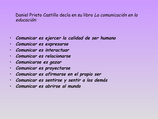 Daniel Prieto Castillo decía en su libro  La comunicación en la educación: Comunicar es ejercer la calidad de ser humano Comunicar es expresarse Comunicar es interactuar Comunicar es relacionarse Comunicarse es gozar Comunicar es proyectarse Comunicar es afirmarse en el propio ser Comunicar es sentirse y sentir a los demás Comunicar es abrirse al mundo 