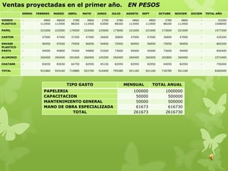 Ventas proyectadas en el primer año.                                         EN PESOS
           ENERO   FEBRERO    MARZO    ABRIL     MAYO     JUNIO    JULIO    AGOSTO    SEPT      OCTUBR    NOVIEM    DICIEM   TOTAL AÑO

VIDRIO     -           4860    48600      3780     4860     2700     3780      4860      4860      3780      4860        -          43200
PLASTICO   -         113400   113400     88200   113400    63000    88200    113400    113400     88200    113400        -        1008000

PAPEL      -         221600   222000    174000   222000   125600   173600    221600    221600    173600    221600        -        1977200

CARTON     -          47000    47400     37200    47400    26600    36800     47000     47000     36800     47000        -         420200

ENVASE     -          96950    97650     75950    96950    54950    75950     96950     96950     75950     96950        -         865200
PLASTICO
PASTA      -          94000    94800     74400    94800    53200    73600     94000     94000     73600     94000        -         840400

ALUMINIO   -         260400   260400    201600   260400   145200   260400    260400    260400    202800    260400        -        2372400

CHATARR    -          83650    83650     64750    82950    45150    82950     82950     82950     64050     82950        -         756000

TOTAL                921860   924160    719880   922700   516400   795280    921160    921160    718780    921160                 8282600




                                       TIPO GASTO                           MENSUAL          TOTAL ANUAL
                       PAPELERIA                                               100000              1000000
                       CAPACITACION                                             50000               500000
                       MANTENIMIENTO GENERAL                                    50000               500000
                       MANO DE OBRA ESPECIALIZADA                               61673               616730
                                  TOTAL                                        261673              2616730
 