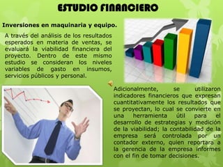 ESTUDIO FINANCIERO
Inversiones en maquinaria y equipo.
A través del análisis de los resultados
esperados en materia de ventas, se
evaluará la viabilidad financiera del
proyecto. Dentro de este mismo
estudio se consideran los niveles
variables de gasto en insumos,
servicios públicos y personal.

                                          Adicionalmente,       se      utilizaron
                                          indicadores financieros que expresan
                                          cuantitativamente los resultados que
                                          se proyectan, lo cual se convierte en
                                          una    herramienta     útil   para     el
                                          desarrollo de estrategias y medición
                                          de la viabilidad; la contabilidad de la
                                          empresa será controlada por un
                                          contador externo, quien reportara a
                                          la gerencia de la empresa informes
                                          con el fin de tomar decisiones.
 