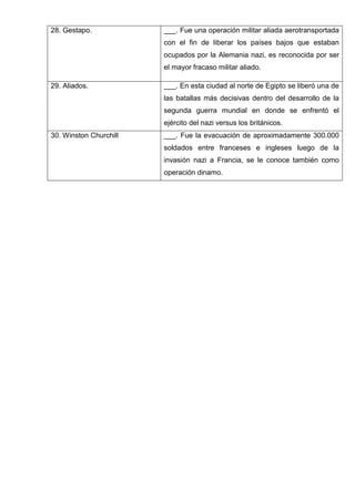 28. Gestapo. ___. Fue una operación militar aliada aerotransportada
con el fin de liberar los países bajos que estaban
ocupados por la Alemania nazi, es reconocida por ser
el mayor fracaso militar aliado.
29. Aliados. ___. En esta ciudad al norte de Egipto se liberó una de
las batallas más decisivas dentro del desarrollo de la
segunda guerra mundial en donde se enfrentó el
ejército del nazi versus los británicos.
30. Winston Churchill ___. Fue la evacuación de aproximadamente 300.000
soldados entre franceses e ingleses luego de la
invasión nazi a Francia, se le conoce también como
operación dinamo.
 