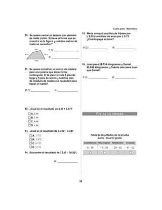 39 
Cuarto grado - Matemáticas 
10. Se quiere cercar un terreno con alambre 
de malla ciclón. Si tiene la forma que se 
muestra en la fi gura, ¿cuántos metros de 
malla se necesitan? 
11. Se quiere construir un marco de madera 
para una pizarra que tiene forma 
rectangular. Si la pizarra mide 8 pies de 
largo y 5 pies de ancho ¿cuántos pies 
de moldura de madera se necesitan para 
hacer el marco? 
12. ¿Cuál es el resultado de 3.53 + 2.47? 
A. 5.00 
B. 5.90 
C. 6.00 
D. 6.90 
A. 1.772 
B. 2.872 
C. 8.732 
D. 2.232 
15. María compró una libra de frijoles por 
L 8.55 y una libra de arroz por L 5.75. 
¿Cuánto pagó en total? 
16. Juan pesa 58.734 kilogramos y Daniel 
45.842 kilogramos. ¿Cuánto más pesa Juan 
que Daniel? 
13. ¿Cuál es el resultado de 5.252 – 3.48? 
14. Encuentre el resultado de 72.53 – 36.821. 
FI N DE LA PRUEBA 
Tabla de resultados de la prueba 
Junio - Cuarto grado 
Insatisfactorio Debe mejorar Satisfactorio Avanzado 
0 - 18 19 - 28 29 - 40 41 - 52 
P.O. __________________ 
R: ____________________ 
P.O. ______________ R: _______________ 
P.O. ______________ R: _______________ 
P.O. ______________ R: _______________ 
R: _______________ 
 