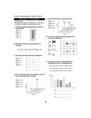 46 
Pruebas Formativas Mensuales - Octubre y noviembre 
OCTUBRE Y NOVIEMBRE 
Instrucciones: 
Responda las preguntas rellenando el círculo de la 
letra que corresponde a la respuesta correcta. 
1. ¿Cuántos grados de temperatura marca el 
termómetro? 
A. 20º 
B. 26º 
C. 23º 
D. 36º 
A. (3,2) 
B. (2,3) 
C. (3,3) 
D. (2,2) 
A. Gato 
B. Ratón 
C. Perro 
D. Pájaro 
A. 
B. 
C. 
D. 
A. (2,3,4) 
B. (2,4,3) 
C. (3,3,4) 
D. (3,2,4) 
Fila 
3 
4 
5 
2 3 4 5 
5 
6. ¿Cuál es el objeto que está ubicado en el 
punto (2,4) del plano? 
30 
20 
10 
0 
2. Escriba el número que hace falta en el 
recuadro. 
0 4 8 12 20 
3. ¿En qué punto está ubicado el triángulo? 
4. En la ilustración que se le presenta, ¿en qué 
punto está ubicada la naranja? 
Fila 
Columna 
Altura 
5 
4 
3 
2 
1 
0 
1 2 3 4 5 
1 
2 
3 
4 
5 
5. ¿Cuál animal está en el punto (2,4,2)? 
Columna 
Altura 
4 
3 
2 
1 
0 
1 
1 
2 
5 
4 
3 
2 
1 
0 
7. La gráfi ca muestra el promedio de los 
resultados de Juan, en Matemáticas. 
a. ¿En qué grado obtuvo el mayor índice? 
b. ¿En qué grado obtuvo el menor índice? 
c. ¿En qué grado obtuvo 85% de índice? 
Ra: _____________________ 
Rb: _____________________ 
Rc: _____________________ 
 