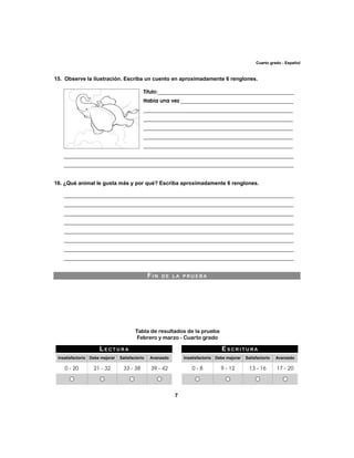 16. ¿Qué animal le gusta más y por qué? Escriba aproximadamente 6 renglones. 
Tabla de resultados de la prueba 
Febrero y marzo - Cuarto grado 
7 
Cuarto grado - Español 
15. Observe la ilustración. Escriba un cuento en aproximadamente 6 renglones. 
Título:___________________________________________________ 
Había una vez __________________________________________ 
________________________________________________________ 
________________________________________________________ 
________________________________________________________ 
________________________________________________________ 
________________________________________________________ 
______________________________________________________________________________________ 
______________________________________________________________________________________ 
______________________________________________________________________________________ 
______________________________________________________________________________________ 
______________________________________________________________________________________ 
______________________________________________________________________________________ 
______________________________________________________________________________________ 
______________________________________________________________________________________ 
______________________________________________________________________________________ 
______________________________________________________________________________________ 
FI N DE LA PRUEBA 
ESCRITURA 
Insatisfactorio Debe mejorar Satisfactorio Avanzado 
0 - 8 9 - 12 13 - 16 17 - 20 
LECTURA 
Insatisfactorio Debe mejorar Satisfactorio Avanzado 
0 - 20 21 - 32 33 - 38 39 - 42 
 