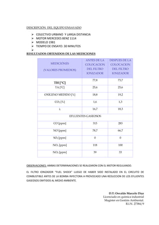DESCRIPCIÓN DEL EQUIPO ENSAYADO
➢ COLECTIVO URBANO Y LARGA DISTANCIA
➢ MOTOR MERCEDES BENZ 1114
➢ MODELO 1981
➢ TIEMPO DE ...