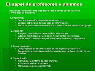 El papel de profesores y alumnosEl papel de profesores y alumnos
Podríamos identificar como funciones de los alumnos en las tareas dePodríamos identificar como funciones de los alumnos en las tareas de
aprendizaje las siguientes:aprendizaje las siguientes:
1. Informarse:1. Informarse:
 Buscar información disponible en el entorno.Buscar información disponible en el entorno.
 Conocer estrategias de búsqueda de información.Conocer estrategias de búsqueda de información.
 Actuar de emisor de información hacia el resto de los usuarios del grupo.Actuar de emisor de información hacia el resto de los usuarios del grupo.
2. Aprender:2. Aprender:
 Integrar conocimientos a partir de la información.Integrar conocimientos a partir de la información.
 Adquirir habilidades de uso de las herramientas informáticas.Adquirir habilidades de uso de las herramientas informáticas.
 Fomentar la comunicación y el intercambio con otros compañeros.Fomentar la comunicación y el intercambio con otros compañeros.
3. Auto evaluación:3. Auto evaluación:
 Comprobación de la consecución de los objetivos propuestos.Comprobación de la consecución de los objetivos propuestos.
 Seguimiento y control propio de los resultados y de la corrección de lasSeguimiento y control propio de los resultados y de la corrección de las
pruebas.pruebas.
4. Comunicación:4. Comunicación:
 Comunicación interna con los alumnos.Comunicación interna con los alumnos.
 Comunicación con el profesor.Comunicación con el profesor.
 Comunicación externa (Internet).Comunicación externa (Internet).
 